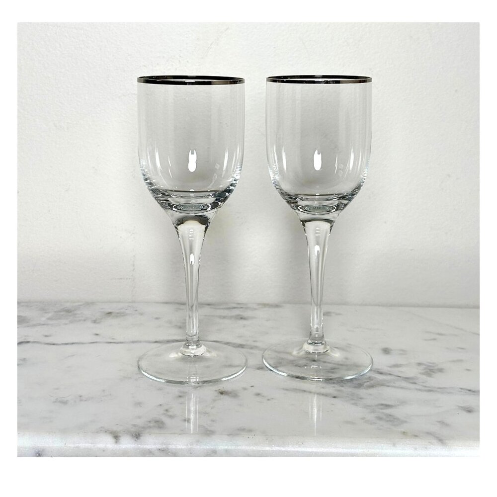 Vintage Silver Rim Wine Goblets Pair, Wedding Toasting Glasses, Elegant Engageme